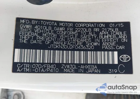 2015 Toyota Prius Two from USA, damaged, VIN JTDKN3DU2F0436320